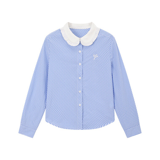 ELLE KIDS children's clothing lotus collar long-sleeved shirt girls spring new French college plaid embroidered top blue and white plaid 160 (S)