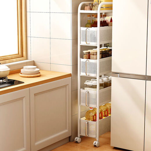 Fantasy kitchen storage rack refrigerator side pull-out removable narrow floor-to-ceiling storage cabinet German gray five-layer 18 wide pull-out style with 304 stainless steel handle