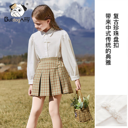 CHANZUIGOU girls' Chinese style long-sleeved shirt 2025 autumn new style children's lapel pearl plate button top middle and large children white 120 cm