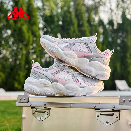 Kappa Children's Shoes Children's Sports Shoes Breathable Mesh 2026 New Spring Cushioning Wear-Resistant Casual Running Shoes for Men and Women Big Children Cold Gray/Light Lotus Pink 38
