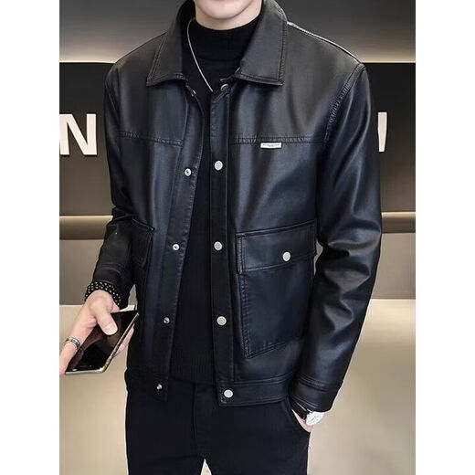 JEEP SPIRIT high-end sheepskin men's genuine leather jacket spring, autumn and winter new Haining motorcycle leather jacket men's jacket men 9878 black style plus velvet M 100-115Jin Jin is equal to 0.5 kg