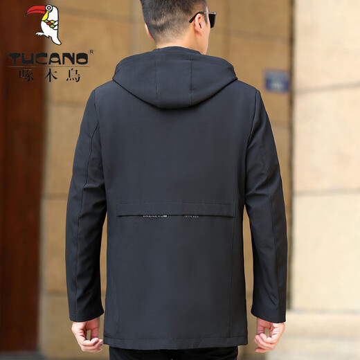 Woodpecker (TUCANO) middle-aged men's mid-length hooded windbreaker, middle-aged and elderly dad's spring and autumn coat, mature and stable casual jacket for men, black <long version> hooded M 170