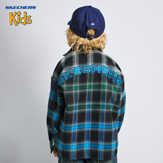 Skechers children's clothing boys' shirt winter style plaid top for middle and large children, lake blue 130
