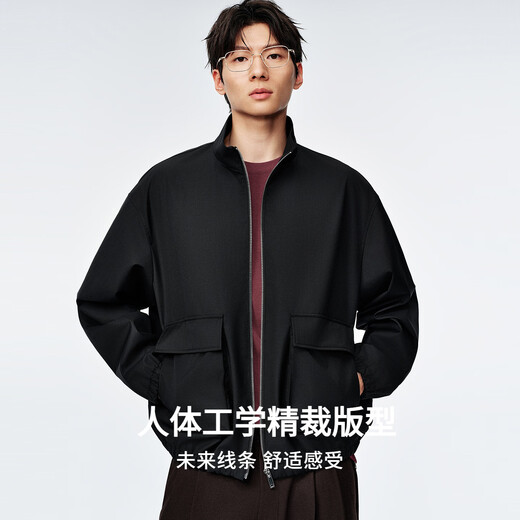 Mr. Cotton Australian imported wool large patch pocket short stand collar jacket for men spring short black jacket for men classic black 2XL