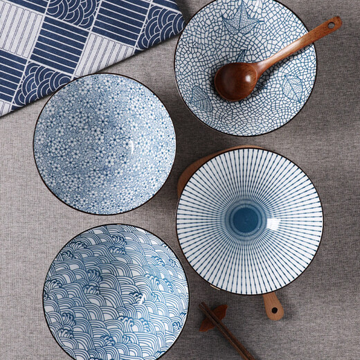 Yongfan German imported quality 4-pack Japanese-style bamboo hat bowls for home use ceramic underglaze colored noodle bowls creative personality Internet celebrity bubble 8-inch Yamada bamboo hat noodle bowls 4-pack - mixed color