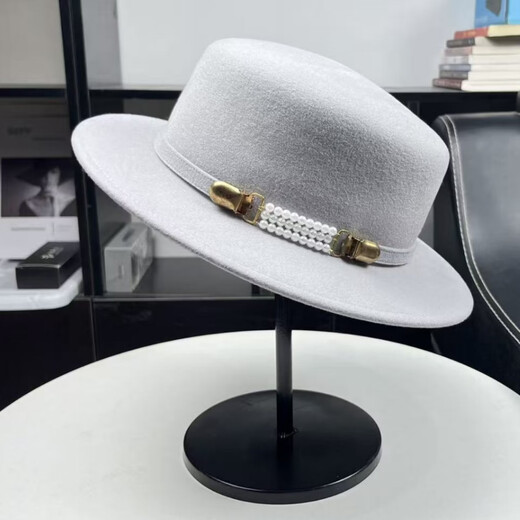 ALBINELE Lady Style Australian Wool Material Gray Small Brim Top Hat Women's Autumn and Winter Elegant and Versatile Basin Hat Flat Top Hat Black M (53-58cm) Adjustable