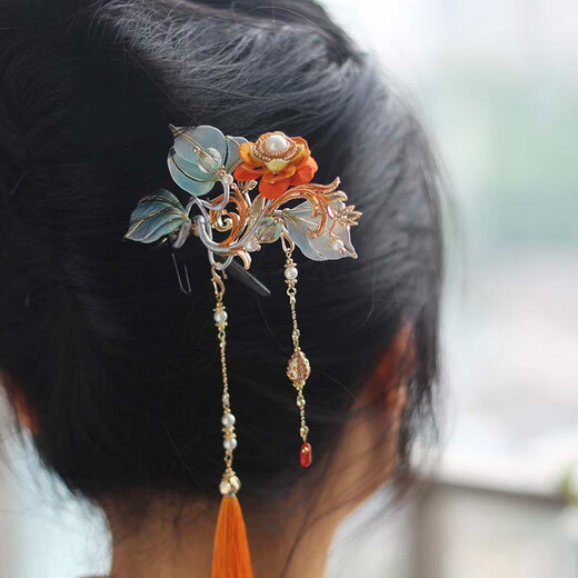 Meng Junchen's intangible cultural heritage flower hairpin丨Silk Road Galaxy丨Ancient style Hanfu cheongsam headdress birthday Valentine's Day gift One long hairpin - with tassels