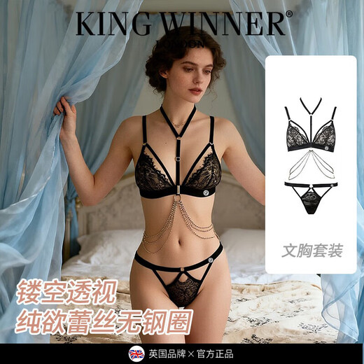 King Winner KING WINNER brand 2026 new style pure lust lace hollow sexy underwear for women without rims hot girl bra set for women black suit with waist chain S one size fits all