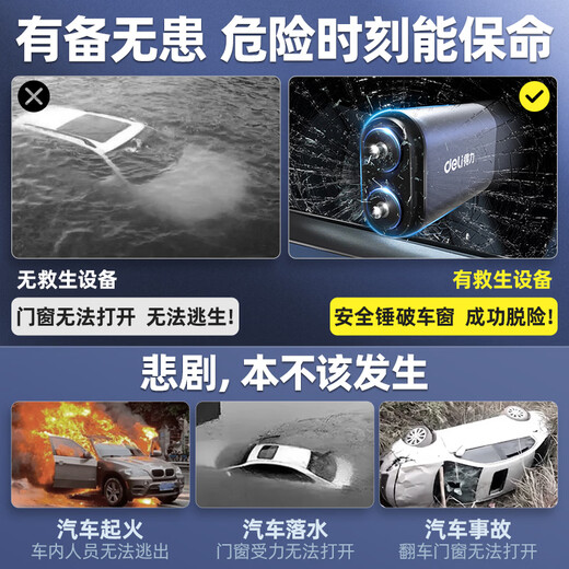 Deli Safety Hammer Mini Window Breaking Hammer Multi-Function Vehicle Window Breaking Tool Car Escape Lifesaving Hammer Double-headed Lifesaving Hammer Aviation Alloy Double-headed Hammer Tip Free Storage Bag Breaks Window and Cuts Seat Belt in Seconds