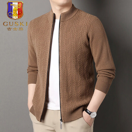 GUSKI light luxury brand high-end men's wool sweater casual stand-up collar sweater thickened warm knitted cardigan business bottoming shirt exciting camel color exquisite gift box M (105)