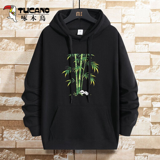 Woodpecker (TUCANO) Heavyweight Hooded Sweatshirt Men's 2025 Spring New National Trend Loose Casual Versatile Long-Sleeved Pullover Men's Black/Lucky Bamboo Regular S (Weight 80-100Jin Jin equals 0.5kg Height 155-160)