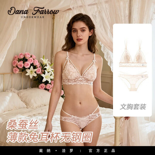 DANA FARROW Brand 2026 New French Underwear Women's Thin Sexy Lace Bra Set Rabbit Ear Cup Wireless Women's Vanilla Apricot Cream Set S Suitable for 70ABC One Size