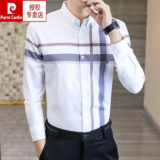 皮尔卡丹品牌高档男装 春秋季长袖衬衫男2022新款韩版商务修身休闲格子男士衬衣针织 9901卡其色 165