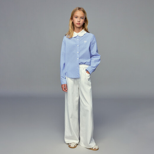 ELLE KIDS children's clothing lotus collar long-sleeved shirt girls spring new French college plaid embroidered top blue and white plaid 160 (S)