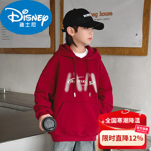 Disney Boys Red Sweatshirt Autumn and Winter New Zodiac New Year Children's Thickened Winter Year of the Horse Plus Velvet New Year's Clothes New Year Cotton Clothes Style Red Plus Velvet Thickened 170 cm