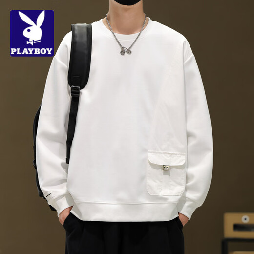 Playboy (PLAYBOY) design stitching sweatshirt for men 2026 new spring and autumn American trendy brand long-sleeved top casual spring bottoming shirt white M
