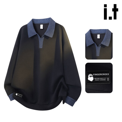 Fingercroxx it trendy brand color-blocked sweatshirt for men in spring loose and versatile long-sleeved lapel top American high street fashion polo shirt black counter same style 4XL 200-220Jin Jin equals 0.5 kg