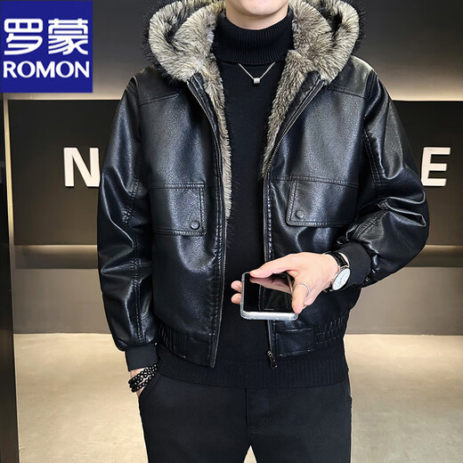 ROMON fur one-piece jacket men's winter trendy hooded new velvet thickened loose mountain carving leather jacket men's black XL