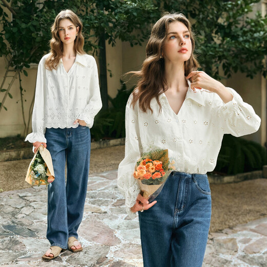 Olrain French heavy-duty hollow embroidered long-sleeved shirt women's spring loose commuting top off-white S