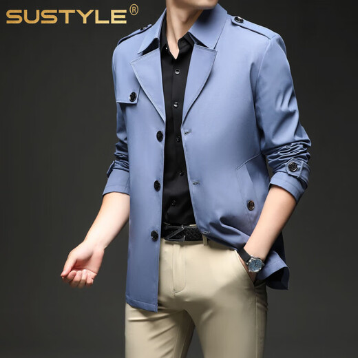 SUSTYLE国际奢侈品牌2025春秋冬季新款风衣青年男士纯色翻领外套 春秋黑色 薄款 8XL (可穿245-265斤)