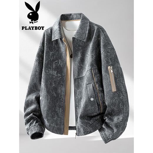 Playboy (PLAYBOY) spring new men's zipper work jacket American structure handsome loose jacket dark blue M recommended 100-120Jin Jin equals 0.5 kg
