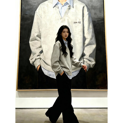 Qumile fake two-piece plaid patchwork sweatshirt for men in spring, loose, trendy, right-shoulder, long-sleeved T-shirt, American-style inner layering top, gray-striped XL