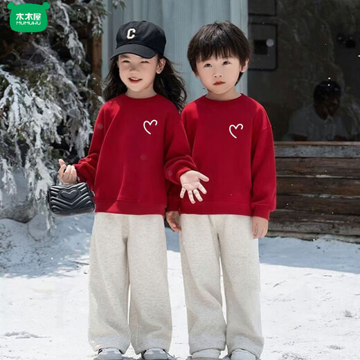 The wooden house is different, family of four, 2026 Year of the Horse autumn clothing, family of three, family portrait, national style sweatshirt, sportswear, burgundy round neck (spring and autumn) 73 rompers