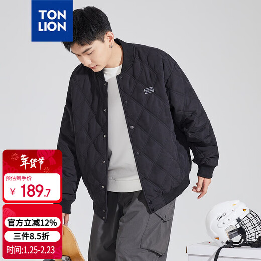 TonLion 2024 Men's Baseball Collar Diamond Check Cotton Padded Jacket Black XL