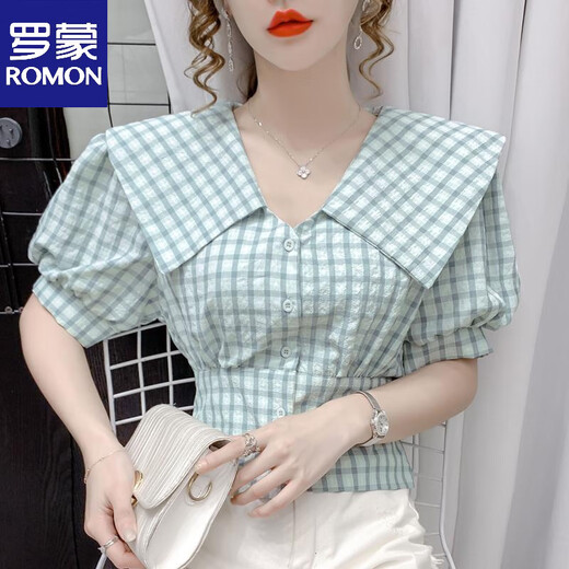 ROMON 2026 New Summer Doll Collar Puff Sleeve Plaid Shirt Women's Design Niche Waist Short French Top Green 3XL