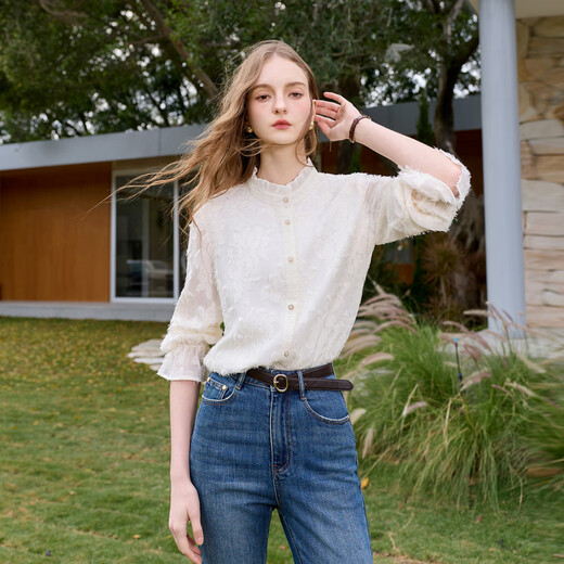 Sancai 2026 Spring New Cut Jacquard Loose Shirt Small Shirt Fungi Lace Stand Collar Shirt M