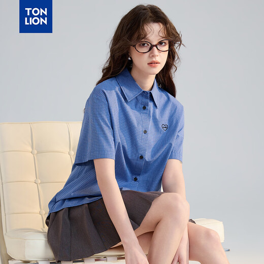 TonLion 2026 Summer Women's Plaid Short-Sleeved Shirt Star Ocean Blue S