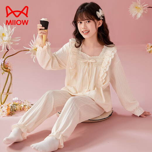 MiiOW children's pajamas girls pure cotton long-sleeved spring, autumn and winter palace-style big children's and girls' home wear suits with chest pads 44300# ice blue 170 size 12 (recommended height 115-125CM. Weight 50Jin Jin is equal to about 0.5 kg