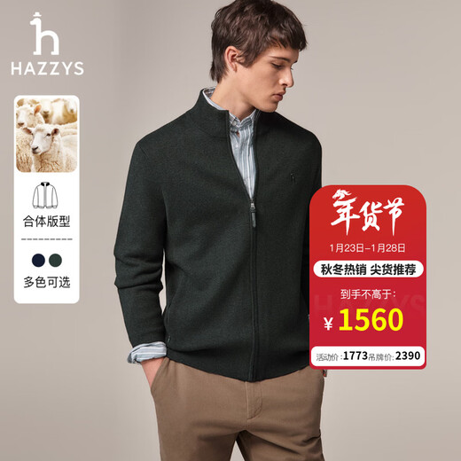 HAZZYS Мужской осенне-зимний вязаный кардиган с воротником-стойкой, уличная повседневная шерстяная куртка для мужчин ABYZD0BCF01 Темно-зеленый DG M (170/92A 46)