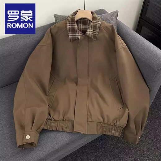ROMON Retro Fake Two-Piece Flight Jacket Men's Maillard Wear Plaid Splicing Baseball Uniform American Casual Brown Jacket Black 2XL