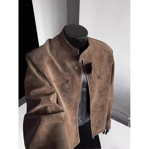 American trendy leather jacket men's spring and autumn new style retro versatile zipper loose motorcycle wear pu leather jacket trendy black gray XL