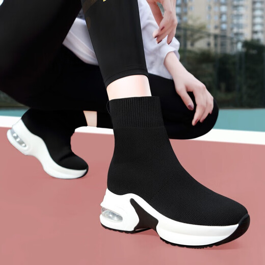 古奇天伦高帮袜子鞋女秋冬高帮弹力针织女鞋内增高厚底休闲鞋女运动鞋靴 9759-1黑色 39