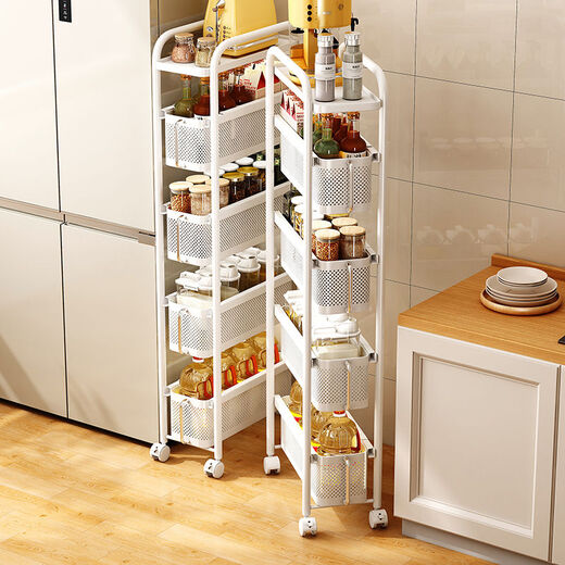 Fantasy kitchen storage rack refrigerator side pull-out removable narrow floor-to-ceiling storage cabinet German gray five-layer 18 wide pull-out style with 304 stainless steel handle