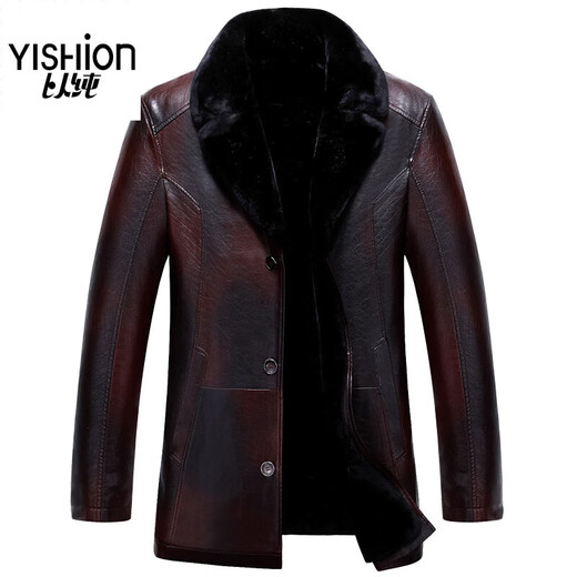 YISHion new winter wear PU fur one-piece men's jacket winter lapel plus velvet thickened coat men's business leather jacket brown M (170)