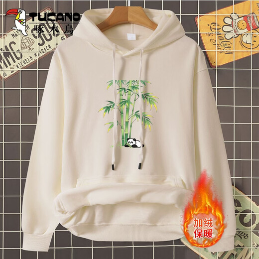 Woodpecker (TUCANO) velvet sweatshirt for men in autumn and winter new style youth casual versatile loose pullover long-sleeved inner warm thickened top light rice/rich bamboo velvet S (weight 80-100Jin Jin equals 0.5kg, height 155-160)