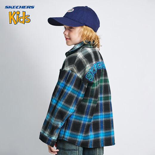 Skechers children's clothing boys' shirt winter style plaid top for middle and large children, lake blue 130