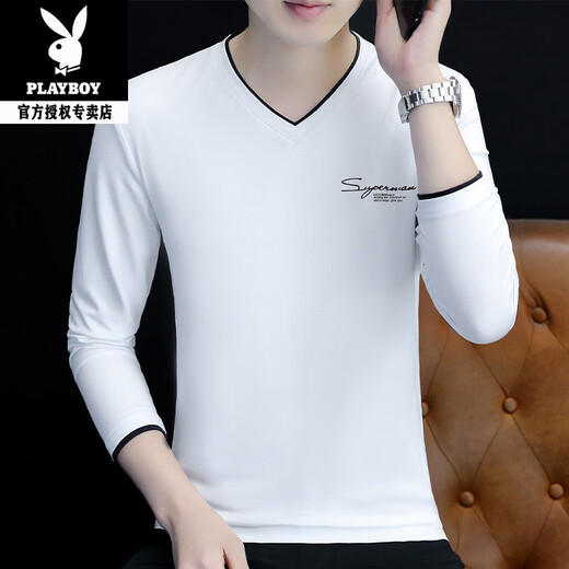 Playboy (PLAYBOY) men's long-sleeved T-shirt 2026 new winter trendy spring and autumn clothing small V-neck casual inner wear pure cotton men's clothing W YPC4033 black L recommended 115-130Jin Jin equals 0.5 kg