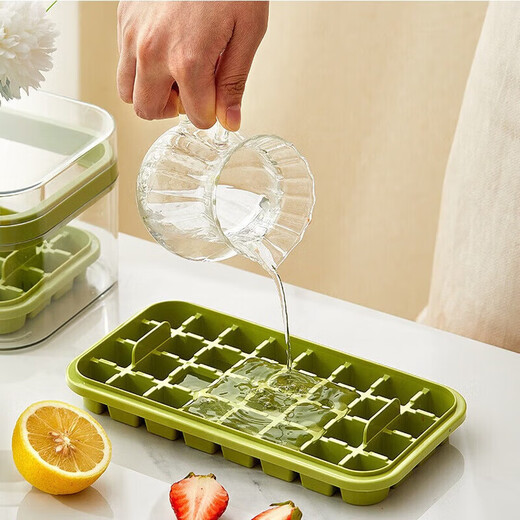 OIMG Molde para cubitos de hielo Bandeja de hielo Caja para cubitos de hielo Artefacto para cubitos de hielo congelados Molde de congelación de grado alimenticio Refrigerador Caja removedora de hielo automática Caja de color Juego de prensa verde de fruta extra grande 32 rejillas Pala para hielo gratis
