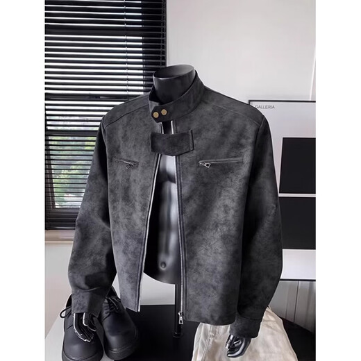 American trendy leather jacket men's spring and autumn new style retro versatile zipper loose motorcycle wear pu leather jacket trendy black gray XL