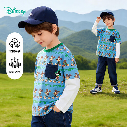 Disney boys cartoon Mickey 7A antibacterial casual sports inner long-sleeved T-shirt 26 new spring and autumn long-sleeved children's clothing Mickey Blue 140