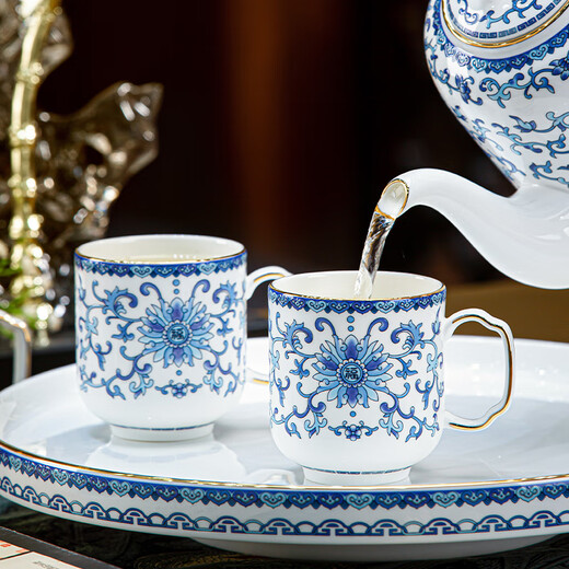 Hanming Jingdezhen Enamel high-end tea set complete living room household ceramic kettle and cup set moving to new home gift with tea and water separation 8-piece set | gift box