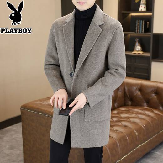 Playboy (PLAYBOY) mid-length woolen coat men's high-end light luxury double-sided woolen coat men's long high-end winter windbreaker men's black XL recommended 135-150Jin Jin equals 0.5 kg
