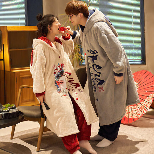 Palando Coral Fleece Couple Pajamas for Women in Autumn and Winter Long Sleeve Bathrobe Extended Men's Pajamas for Couples Can We Wear Home Suit Winter 9913 Women's XL Size
