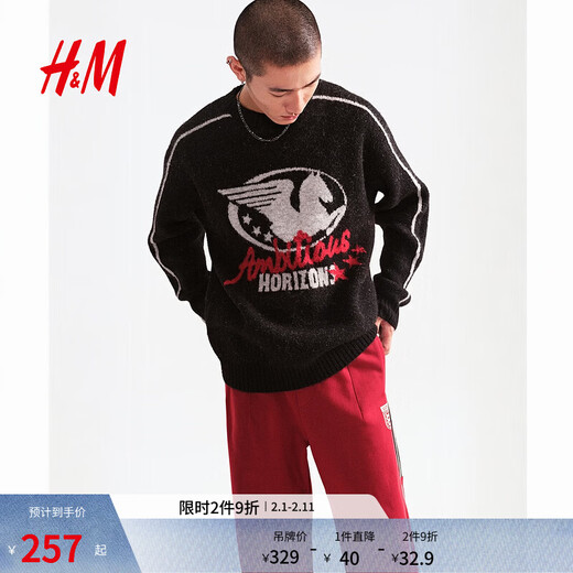 H&M New Year Series Men's Sweater Year of the Horse and Animal Year Loose Jacquard Knitted Pullover 1307984 Black/Ambitious Horizons XL 180/116