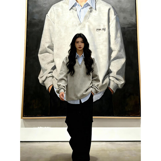 Qumile fake two-piece plaid patchwork sweatshirt for men in spring, loose, trendy, right-shoulder, long-sleeved T-shirt, American-style inner layering top, gray-striped XL