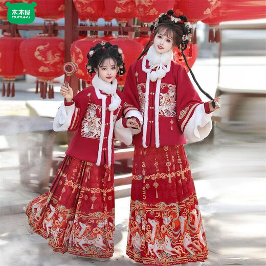Wooden wooden house original winter style parent-child clear-cut cloud shoulder red festive New Year's Hanfu for women with velvet and thickened heavy embroidery style red single-piece jacket for welcoming wealth 120